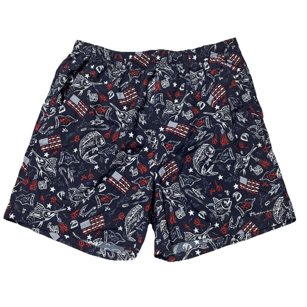 Columbia PFG Swim Trunks Mens Large Blue All Over USA American Flag Fish Patriot